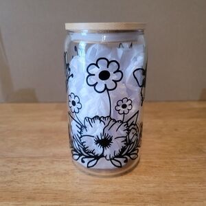 Spring Flower Clear Glass Tumbler 16oz with Bamboo Lid and Glass Straw